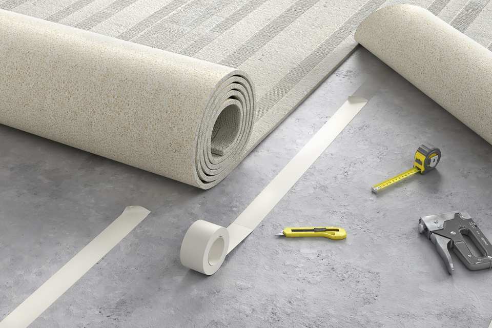 new carpet rolls on concrete subfloor with carpet installation tools